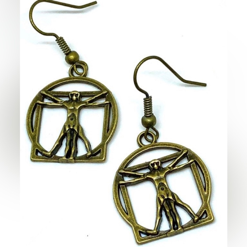 DaVinci Drawing Vitruvian Man in Circle Bronze Dangle Earrings Artsy Renaissance